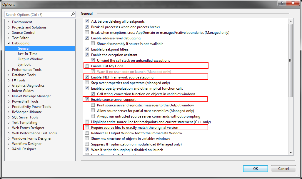 VS settings - debugging